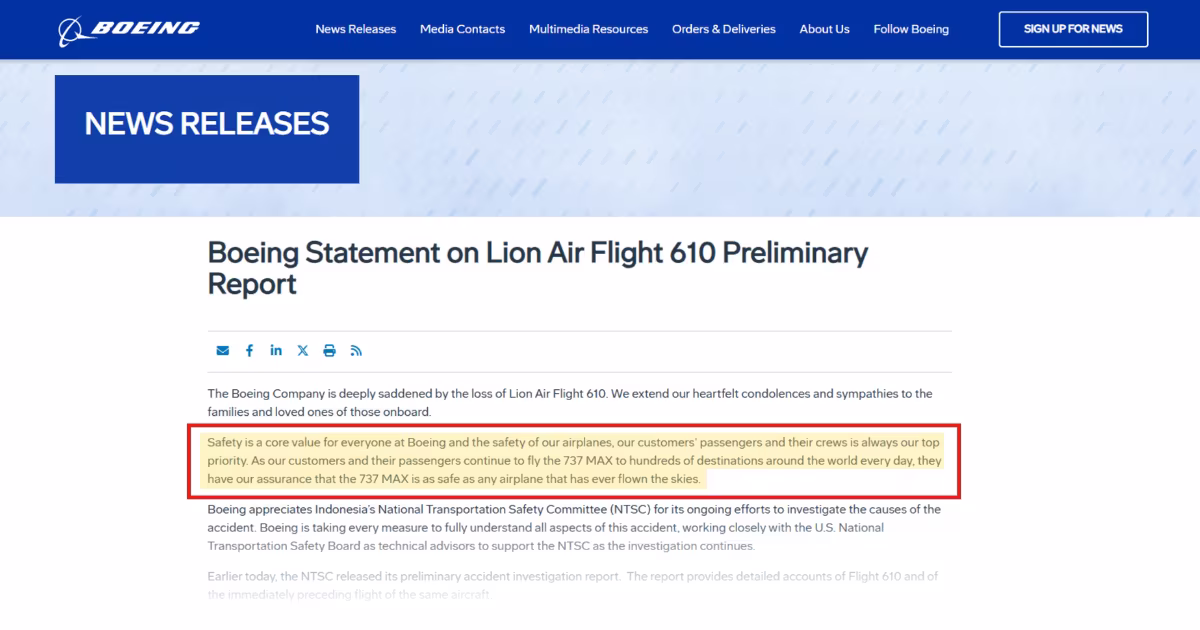 Boeing press release, 2018-11-27: the "as safe as any airplane that has ever flown the skies" line, later cited by the SEC.