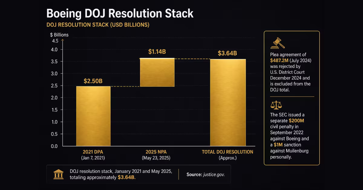 Waterfall chart: Boeing DOJ resolution stack, 2021 DPA $2.5B plus 2025 NPA $1.14B equals approximately $3.64B.