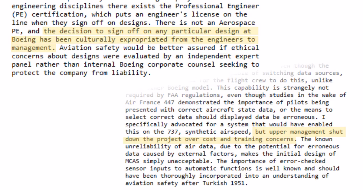 Senate Commerce Committee whistleblower filing, Ewbank exhibit: cost-and-training rejection language highlighted.