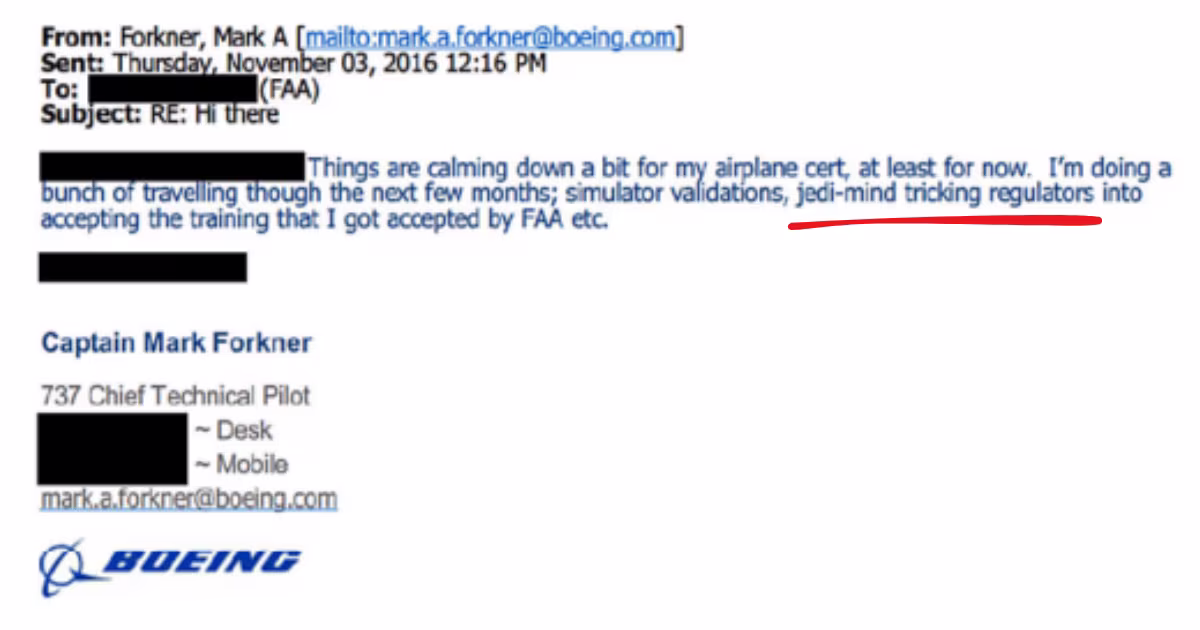 Annotated facsimile of Forkner's 2016-11-03 email to FAA: the "jedi-mind tricking regulators" phrase highlighted in yellow.