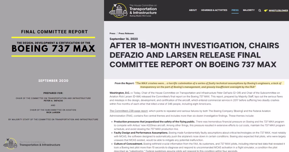 House T&I Committee final report cover, September 16, 2020, 238 pages, with the cover-page subtitle visible.
