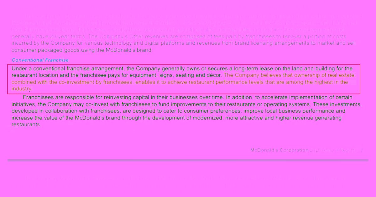 FY2025 10-K Business Summary excerpt, the 'ownership of real estate' sentence highlighted.