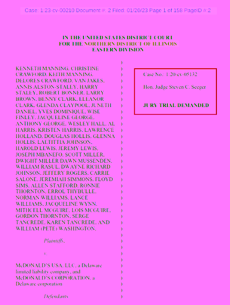Manning v McDonald's Second Amended Complaint caption page, 1:23-cv-00210 N.D. Ill. filed January 2023.
